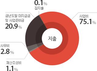 후원금56% 보조금18% 전년도말 미지급금 및 사업준비금17% 사업수입8% 기타 잡수입1%