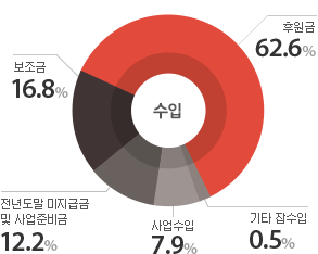 후원금56% 보조금18% 전년도말 미지급금 및 사업준비금17% 사업수입8% 기타 잡수입1%